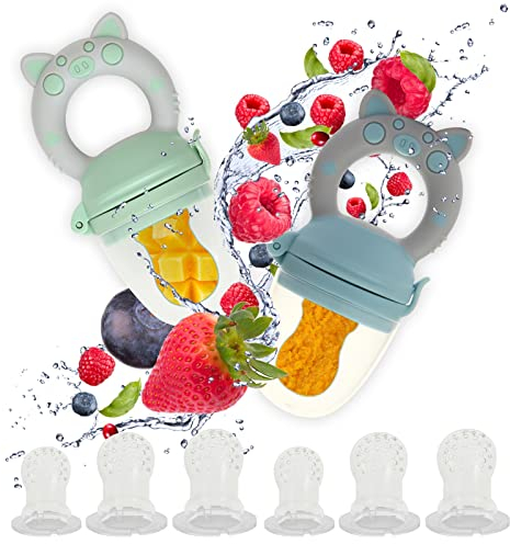 ZEYXINH Baby Fruchtsauger, 2 Stück Fruchtschnuller für Babys ab 3 Monate, Obst Schnuller Baby, BPA frei + 6 Silikonsauger in 3 Größen, Schnuller Zum Befüllen für Obst Gemüse Brei Baby Essen