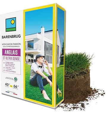 BARENBRUG - Gazon Anglais et Ultra dense - Aspect Prestigieux Parcs Anglais - Tapis Dense Effet velours - Densité Extrême - Faible Production de Déchets de Tonte - Fabriqué en France - 1KG