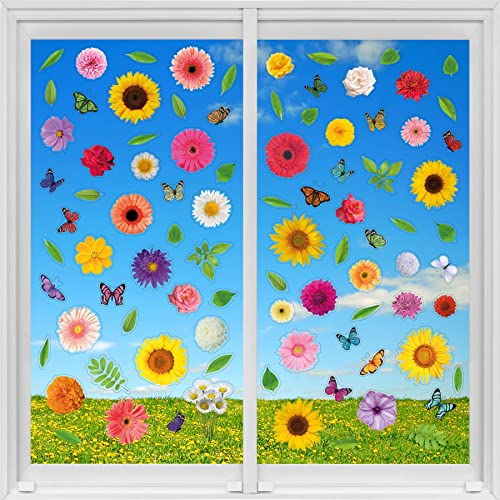 WALPLUS 90 Stück Sommerstrauß mit Schmetterlingen Fenstersticker Dekosticker Doppelseitig Static Cling Selbstklebende Wiederverwendbare Deko Glassticker Kinderzimmer Fenstersbilder