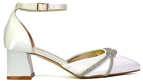 Womens Wedding Shoes Block Low Heel Ladies Ankle Strap Pointed Toe Sparkly Diamante Trim Ivory Bridal Evening Party Court Shoes 6