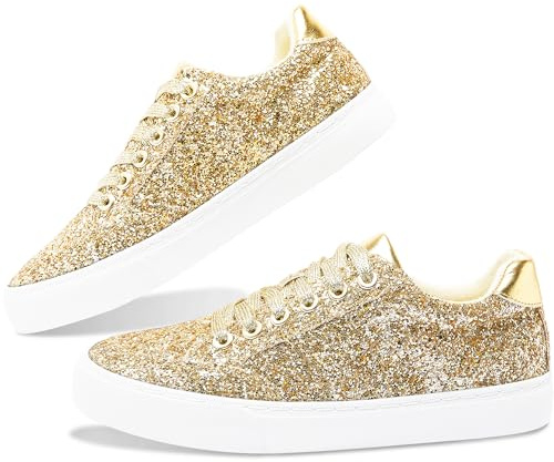 Jeekopeg Glitter glittrande mode sneakers skor skinande vardagsskor bling paljett konsert lågt skurna snörning skor, guldglitter, 9 Women/7.5 Men