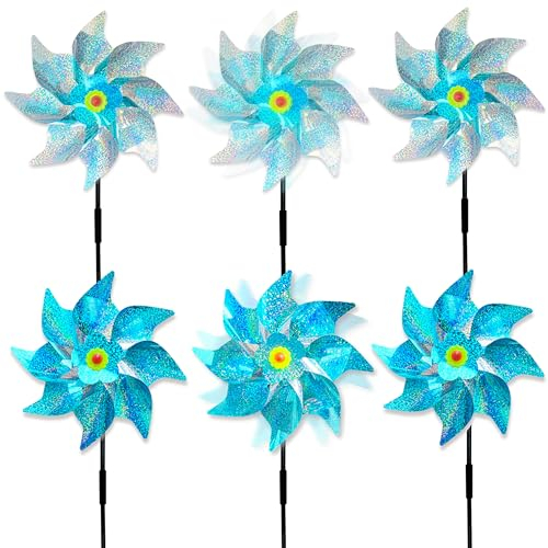 6 Stücke Windrad Vogelabwehr,Taubenabwehr Windrad Vogelschreck Windrad Garten,Reflektierende Windrad Obstgarten Vogelabwehr, Windrad to Protect Garten,Hof, Obstgarten (6 Blau+Silber Doppelfarbe)