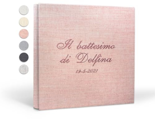 Album fotografico ricamato, Album foto con copertina ricamata personalizzabile, Album foto battesimo, Copertina in Lino, Album foto regalo Nascita, Primo compleanno (Lino, 30x30 100 pagine)
