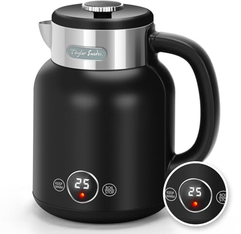 Taylor Swoden Variable Temperature Electric Kettle – 1.7L with Digital LED Display, 5 Presets for Tea & Coffee, Fast Boil 2200W, Double-Wall Cool Touch, Keep Warm, Cordless, Black - Asher
