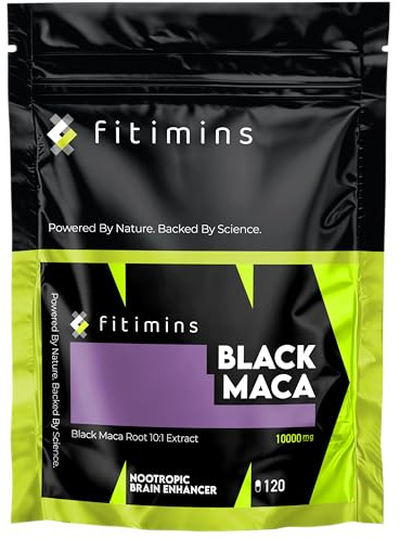 Black Maca 10,000mg | High Strength Nootropic Supplement | 120 Vegan Capsules | 4-Month Supply | Supports Focus, Memory, Energy & Mood | Cognitive Brain Support by Fitimins