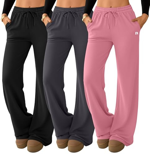 Neer 3 Pack Women's Wide Leg Palazzo Pants, Lounge High Waisted Pants Casual Pajama Bottoms Trouser with Drawstring Pockets(Black, Dark Gray, Pink,XL)