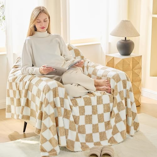 EMME Kuscheldecke Flauschige Sherpa - Karierte Decke 200 x 230 cm, Weiche Warme Wolldecke&Fleecedecke, Tagesdecke, Überwurfdecke, Decke für Sofa, Couch, Beige