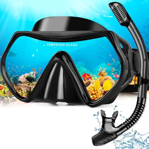 Hydomi Schnorchelset Erwachsene Anti-Fog Taucherbrille mit 180° Panorama Sichtfeld, Dry Top Schnorchel 3-Kanal System, Auslaufsichere Tauchmaske aus gehärtetem Glas für Tauchen Schwimmen