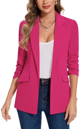 MINTLIMIT Womens Blazer Open Front Jacket 3/4 Ruched Sleeve Suit Front Lined Outerwear Notch Laple Flap Pockets