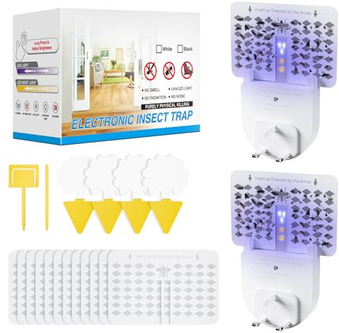 Fruit Fly Trap Indoor(2 Device + 12 Refills), Fly Catcher for House, Plug-in Night Light for Flies with UV Attractant, Flying Insect Trap with Adjustable Brightness