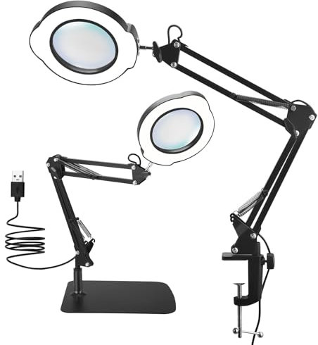 HIUYRFS 15 x lente d'ingrandimento con luce, lampada da tavolo 2 in 1 con supporto e morsetto, 5 modalità colore, 10 livelli luminosità, testa girevole 360°