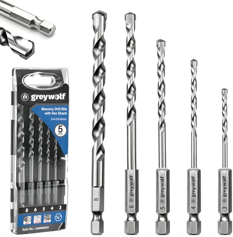 Greywolf Set di punte per calcestruzzo, punte esagonali resistenti agli urti, punte in metallo duro industriali per vetro/mattoni/plastica/cemento/piastrelle (3/4/5/6/8 mm), 5 pezzi