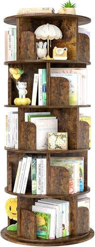 iSunirm Librería de 5 Niveles Giratoria 360°,Estanteria Esquinera de Pie de Madera,Organizador Multifuncional,Estantería de Pie para Salon,Estudio y Dormitorio,Marrón