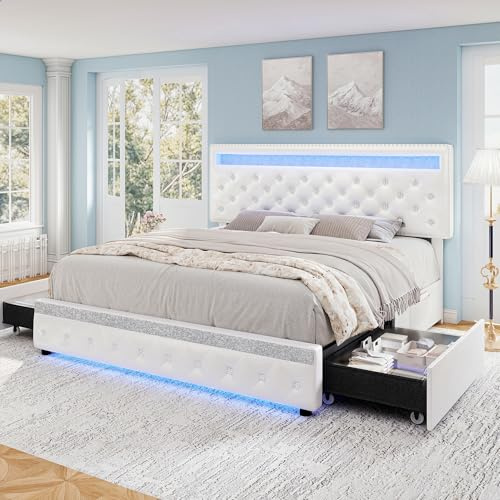 Torana Queen LED Bed Frame with 2 Drawers, PU Upholstered Platform Beds with Adjustable Storage Headboard, Crystal Button Tufted Wingback Bedframe with Wooden Slats, No Box Spring Needed, White