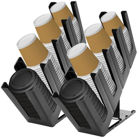 2PCS Disposable Paper Cup Dispenser, Adjustable Coffee Cup and Lid Holder with 4 Compartments, Black PP Cup Storage Lid Organizer for Countertop Coffee Station Bar Restaurant Breakroom