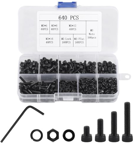 Set di 641 viti M3, dadi filettati e rondelle, viti a testa cilindrica con viti a esagono incassato, set di viti per macchine, colore nero, con chiave inglese