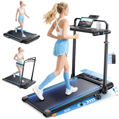 Cinta de Correr Plegable, 6 en 1 Cinta de Correr con Inclinación 3 Niveles(2%-7%-12%), Motor 3.0 HP, Velocidad 1-12 km/h, Manillar Extensible 15 cm, Cinta de Andar con Cinta RGB, App, Carga 150 kg