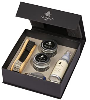 Famaco Box XL - Kit De Cirage - Entretien des Chaussures Cuir, Daim et Nubuck - Made In France - Cirage - Coffret Cadeau - 2 Pommadiers, 2 Brosses Spéciales, 1 Raviv Daim, 1 Chamoisine, 1 Chausse-Pied
