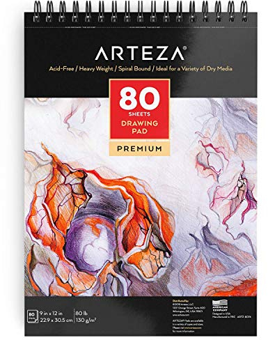 Arteza Zeichenblock 9x 12 (22.9x30.5 cm), spiralgebundenes Skizzenbuch mit 80 Blatt, robustes säurefreies Zeichenpapier (80lb/130g), Künstler Skizzenblock für Kinder & Erwachsene