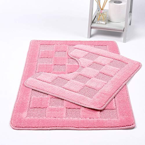 Night Zone Squares 2 Piece Bath Mat & Pedestal Set Non Slip Extra Absorbent Bathroom Toilet Rug Bath Mats Set (Pink)
