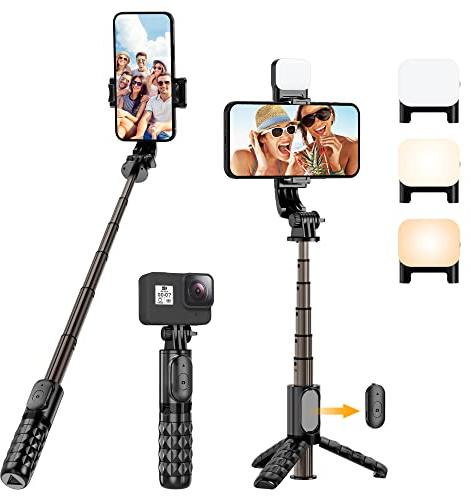 Selfie Stick Stativ mit Licht, Erweiterbar 4 in 1 360° Selfie Stange Handy Stativ mit Kabelloser Fernbedienung Mini Selfiestick Kompatibel mit iPhone Android für Selfie, Reisen, Makeup, Vlog (Schwarz)