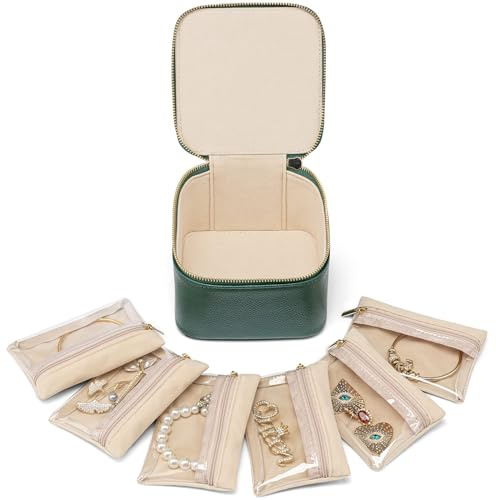VLANDO Jewelry Travel Case,Travel Jewelry Organizer with Clear Velvet Jewelry Bags 6Pcs Zipper Pouch for Women Girl Christmas Wedding Gift-Green