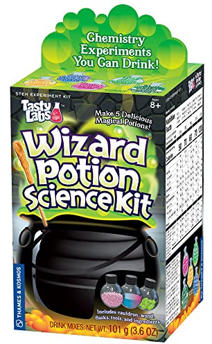 Tasty Labs Wizard Potion Science Kit - Make 5 Magical Potions, Chemistry Experiments Safe to Drink, Includes Cauldron & Wand - Study Reactions, Polymers & More