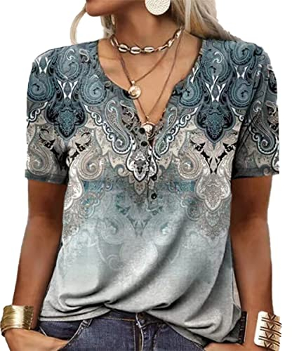 GRMLRPT Tops für Damen Kurzarm Rundhal T-Shirts Tunika Oberteile Bedruckte Blusen für Mädchen Elegant Lässige Hemd Knopfleiste(Blau- Kurzarm,L)