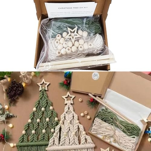 Weihnachtsbaum DIY Kit,Smavles 2 Stück Christmas Tree DIY Set Macrame DIY Kit for Christmas, Macrame Christmas Decoration Set Cotton Yarn Craft Set with Wooden Beads Rings Instructions, Hanging Decor