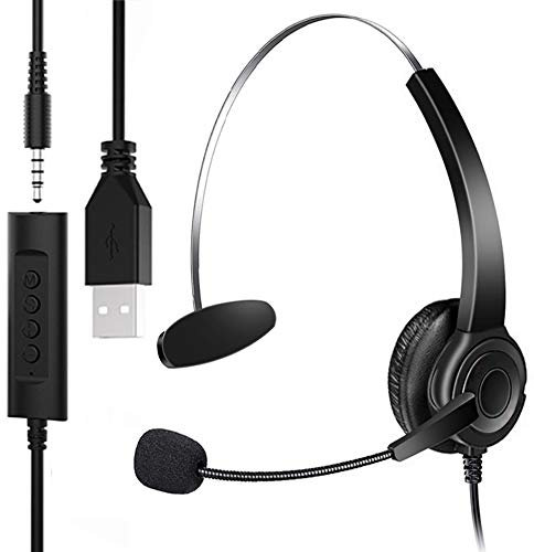 Oimaik USB Headset with Microphone, 3.5mm Jack Computer Headphone 2 in 1, Computer Headset PC Headphone with Noise Cancelling Audio Control, Single Ear Headset for Skype Gaming Call Center Office