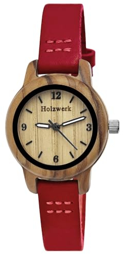 Holzwerk Germany Handgefertigte Kleine Öko Damen-Uhr Öko Natur Holz-Uhr Leder Armband-Uhr Analog Klassisch Quarz-Uhr in Rot Braun