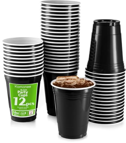 Komonee Black Cups 16oz 500ml Wide Rimmed Disposable American Superbowl Party Cups USA Adult Novelty Plastic Glass 12pc