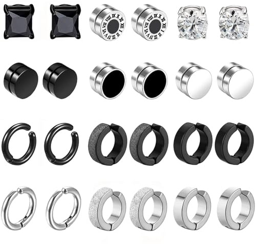 12 Paar Magnet Ohrringe Herren Damen Edelstahl Fake Creolen CZ Nicht Durchdringende Clip Ohrstecker Ohne Ohrloch Ohrclips Non Piercing Set Silber Schwarz