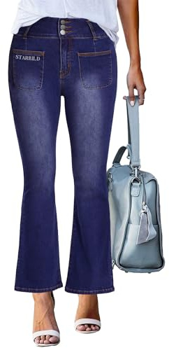 STARBILD Vaqueros Acampanados para Mujer con Bolsillo Frontal, Jeans Flared Fit High Rise Bootcut Pantalones, Bolsillo Frontal - Azul XL