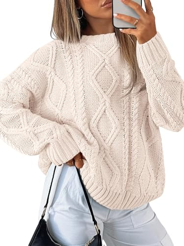 Trendy Queen Oversized Sweaters Womens 2026 Early Fall Fashion Clothes Cable Knit Crewneck Plus Size Pullover Cute Luxury Outfits Chunky Long Tunic Top Winter Holiday Thanksgiving Clothing Cream