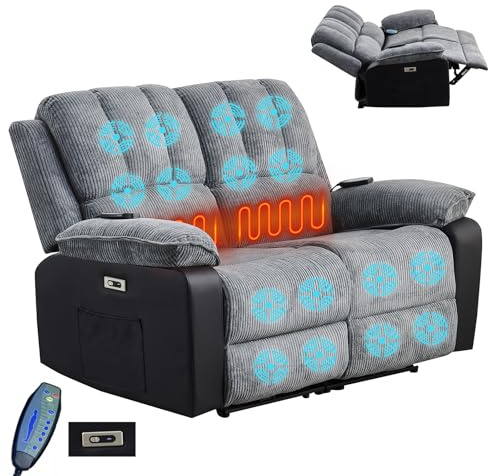 LSLIFE 2 Seater Electric Recliner Armchair with Massage & Heat, 2 + 1 Sofa Set Suite, Classic Grey Fabric Recliner Chair with Adjustable Footrest & Backrest, USB Ports, Dual Side Pocket