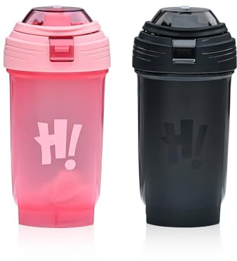 HarnyLoom 2 Stück Protein Shaker 500 ml, Eiweiß Shaker Flasche Becher Proteinshake Auslaufsicherer Langlebiger Workout Wasserbecher für Fitness Sport Getränkeflaschen (Schwarz+Rosa)