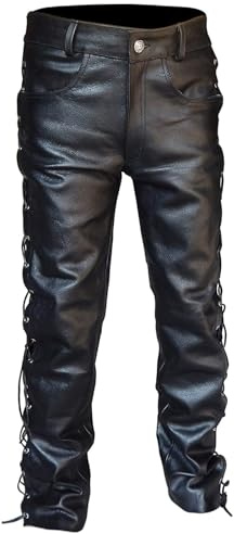 Leather Trousers Men's Long Regular Fit Cycling Shorts PU Leather Motorcycle Trousers Waterproof Laced Biker Trousers Plain Streetwear for Men Side Leather Jeans with Button Placket and Pockets Sizes