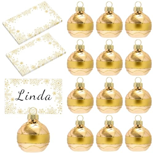 Whaline 12 Packs Christmas Ball Ornament Place Card Holders with Name Cards Gold Winter Snowflake Seat Label Card Holders for Xmas Holiday Party Table Sign Decor