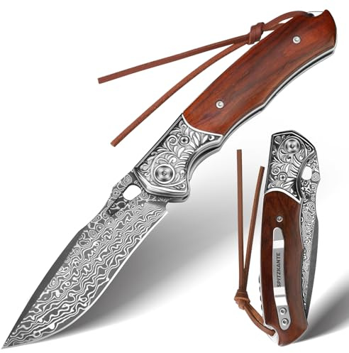 SPITZKANTE Cuchillo Plegable de Acero Damasco y Navaja de Bolsillo con Liner Lock - Hoja de Acero Damasco, Mango de Madera - Apertura a Dos Manos - Ideal para Camping, Supervivencia y Senderismo