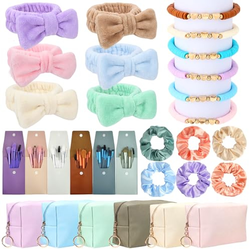 Preppy Party Favor for Teen Girls Women Spa Party Favor Sleepover Party Supplies Include Makeup Headband, Bag and Brushes, Hair Tie, Friendship Bracelet for Kids Slumber Makeup Birthday Party
