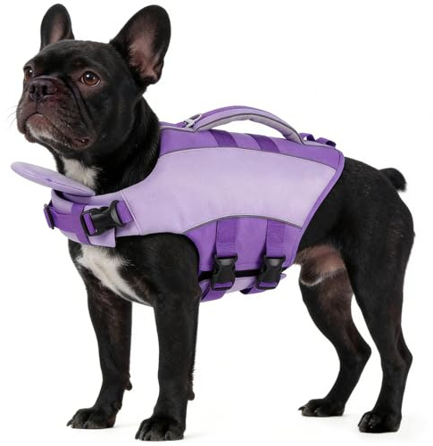 Kuoser Rip Stop, Giubbotto di salvataggio per cani, con manico e mento, galleggiante, regolabile, per nuoto e canottaggio, viola, S
