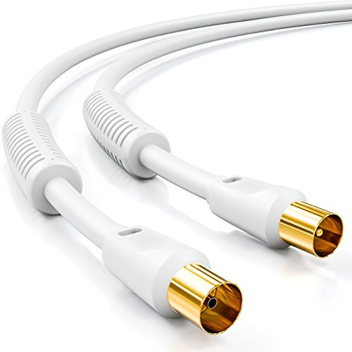 deleyCON 6m Câble Antenne TV (IEC-Fiche vers IEC-Coupleur) Coaxial HDTV Blindage 4-fach 2x Noyau Ferrite Filtre Courant Gaine DVB-T DVB-T2 Radio DAB - Blanc