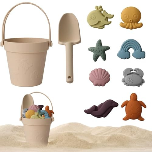 RNPKZ Set di giocattoli da sabbia per bambini, set di giocattoli da spiaggia in silicone morbido con secchio, sacchetto a rete, stampi per sabbia, giocattoli in plastica morbida