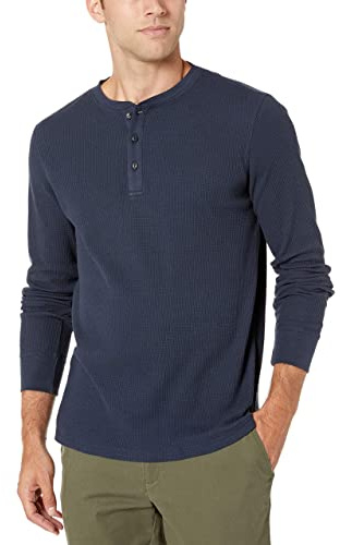 Amazon Essentials Herr normal passform långärmad våffla Henley-skjorta, marinblå, X-Small