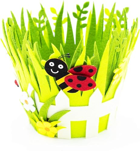 HEITMANN DECO - Cestino in feltro con coccinella, verde – decorazione pasquale – ca. 20 x 20 x 16,5 cm