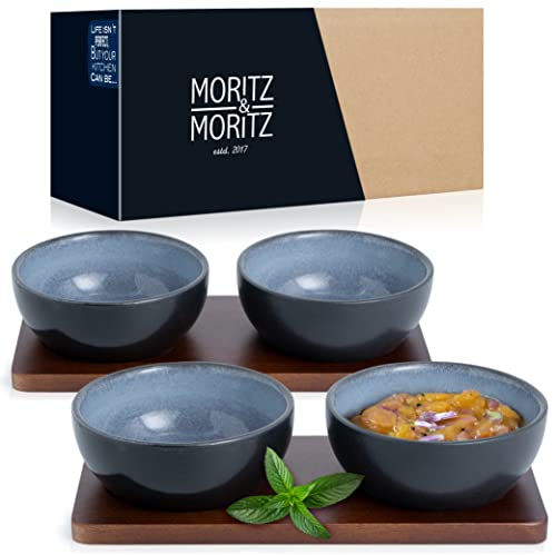 Moritz & Moritz VIDA 4x Dip Schalen Set mit Brett - 10cm Ø - 4 Dipschalen Grau-Blau aus Porzellan - Für Snacks, Dessert, Dips und Saucen