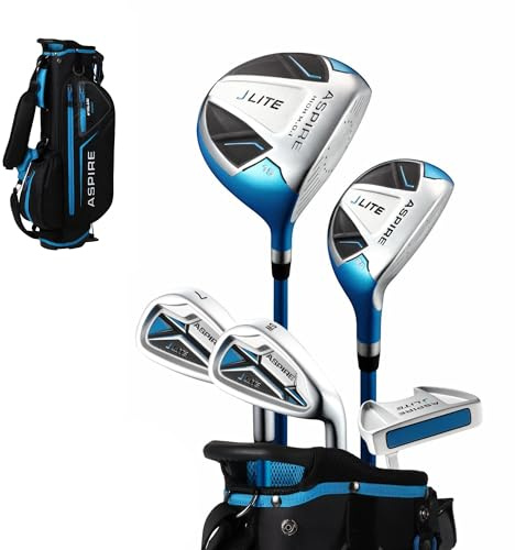 Aspire X-Lite Super Performance Junior Golf Club Set - Right-Handed Kids Golf Set with Driver, Hybrid, 7 Iron, Putter, Stand Bag & Headcovers - Blue Ages 6-8