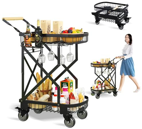 2-Tier Foldable Shopping Cart with Wheels for Groceries, Grocery Store Cart with 360° Rolling Swivel Wheels, Heavy Duty Folding Utility Cart for Camping Gear, Traveling, Laundry, Garden, Pantry