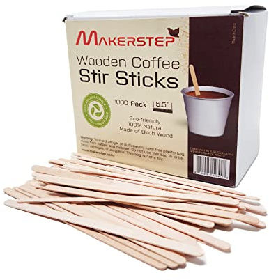 Makerstep 1000 Wooden Coffee Stirrers 5.5 Inch with Storage Box, Sturdy Natural Birch Wood Coffee Stir Sticks. Eco-friendly, Splinter Free, Round Ends. BPA Free Swizzle Drinks Sticks